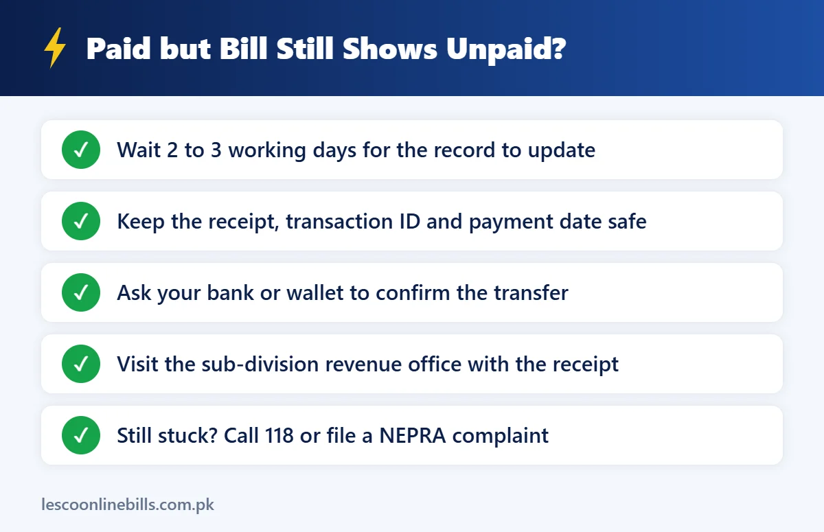 LESCO bill paid or not showing unpaid what to do